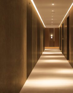 A hallway with motion-activated smart lighting